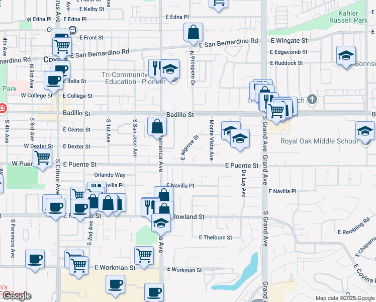 map of restaurants, bars, coffee shops, grocery stores, and more near 554 East Algrove Street in Covina