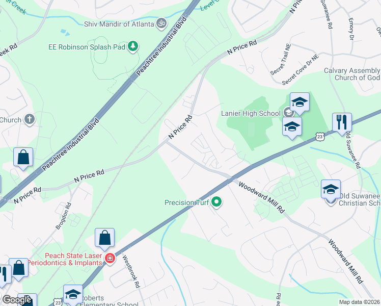map of restaurants, bars, coffee shops, grocery stores, and more near 4409 Woodward Mill Road in Buford