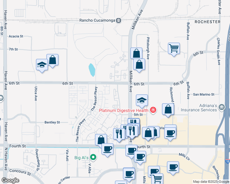 map of restaurants, bars, coffee shops, grocery stores, and more near 9400 Fairway View Place in Rancho Cucamonga