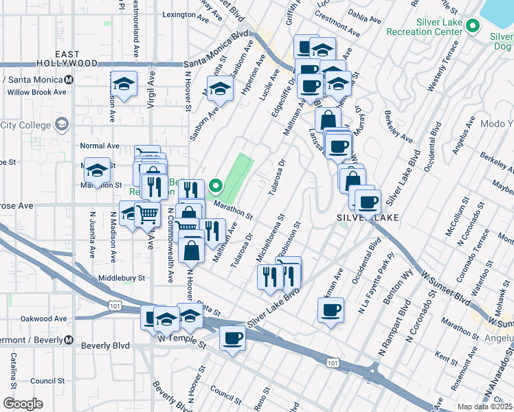 map of restaurants, bars, coffee shops, grocery stores, and more near 820 Kodak Drive in Los Angeles
