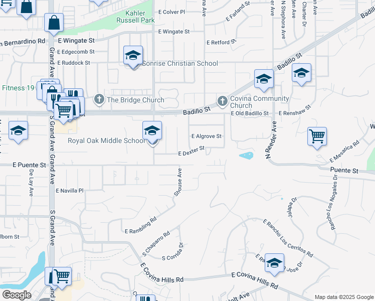 map of restaurants, bars, coffee shops, grocery stores, and more near 1427 East Dexter Street in Covina