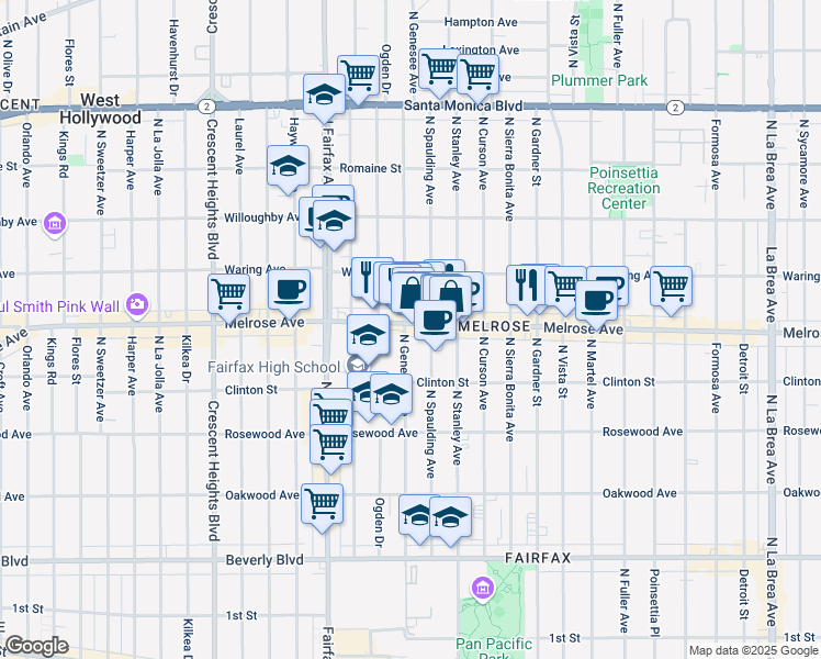 map of restaurants, bars, coffee shops, grocery stores, and more near 628 North Spaulding Avenue in Los Angeles