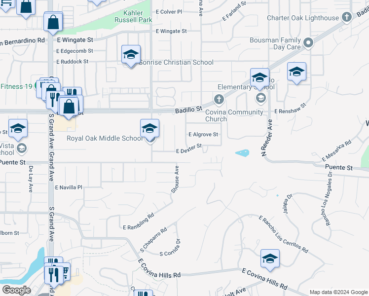 map of restaurants, bars, coffee shops, grocery stores, and more near 1427 East Dexter Street in Covina