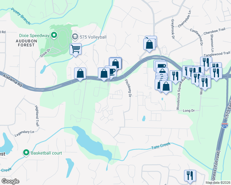 map of restaurants, bars, coffee shops, grocery stores, and more near 301 Hayden Circle in Woodstock