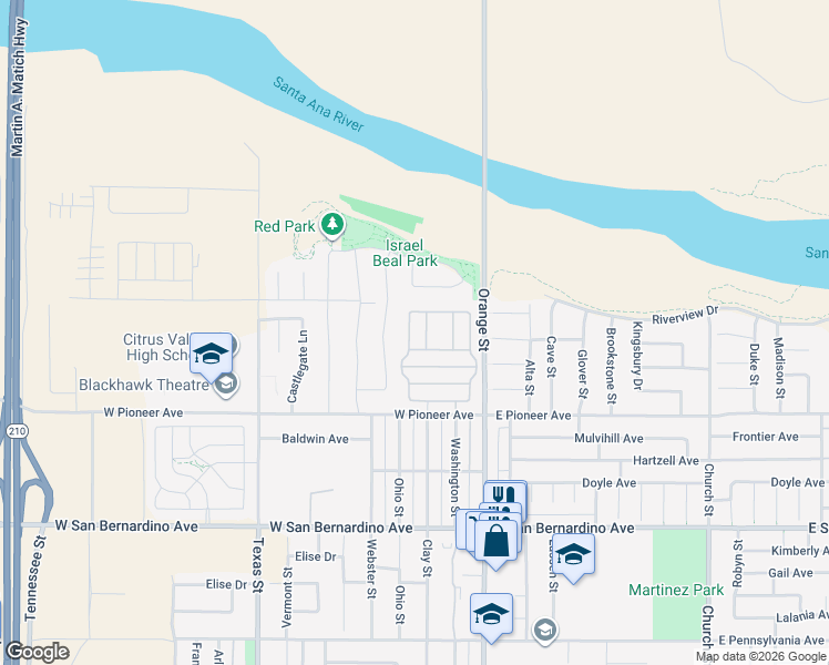 map of restaurants, bars, coffee shops, grocery stores, and more near 140 West Pioneer Avenue in Redlands