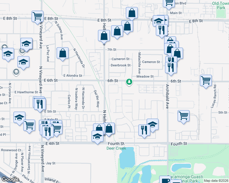 map of restaurants, bars, coffee shops, grocery stores, and more near 9401 Stoneybrock Place in Rancho Cucamonga