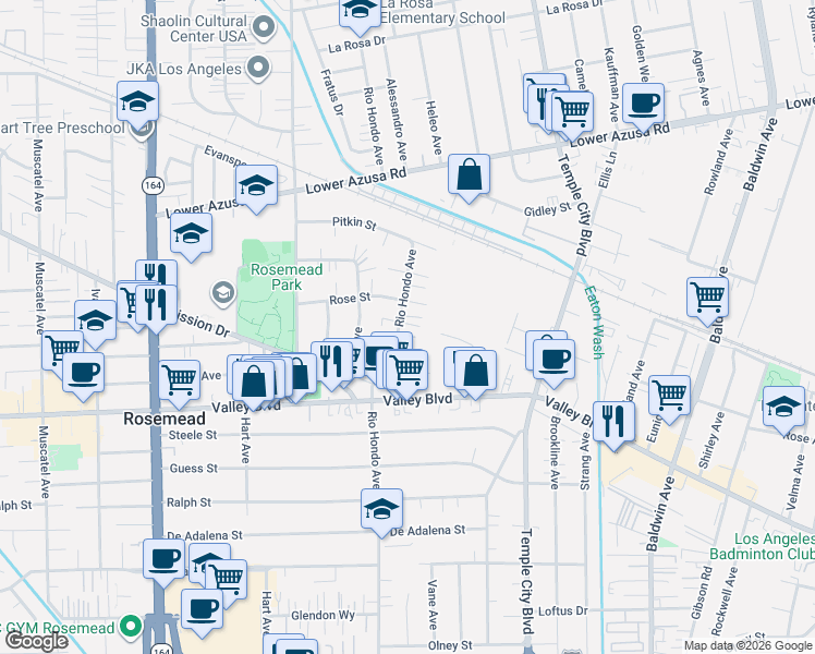 map of restaurants, bars, coffee shops, grocery stores, and more near 4126 Rio Hondo Avenue in Rosemead