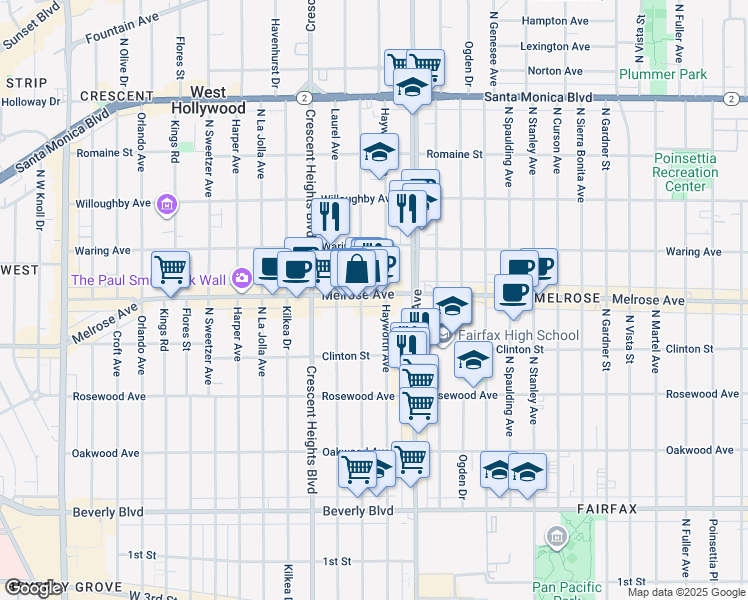 map of restaurants, bars, coffee shops, grocery stores, and more near 648 North Edinburgh Avenue in Los Angeles