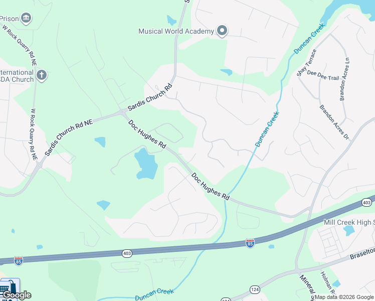 map of restaurants, bars, coffee shops, grocery stores, and more near 2431 Doc Hughes Road in Buford