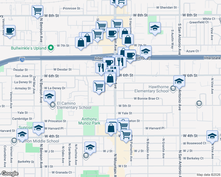 map of restaurants, bars, coffee shops, grocery stores, and more near 1063 West Hawthorne Street in Ontario