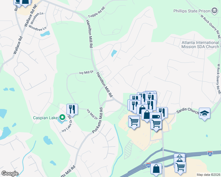 map of restaurants, bars, coffee shops, grocery stores, and more near 2660 Cascade Creek Drive in Buford
