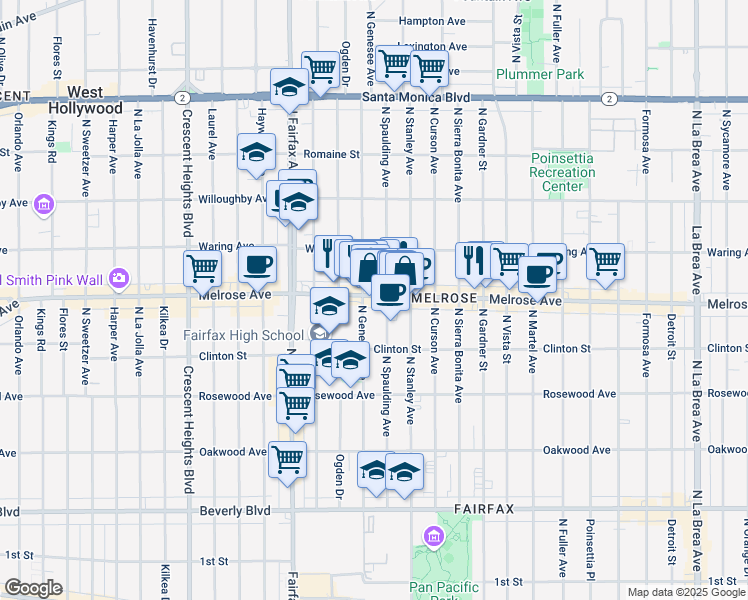 map of restaurants, bars, coffee shops, grocery stores, and more near 628 North Spaulding Avenue in Los Angeles