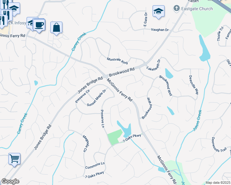 map of restaurants, bars, coffee shops, grocery stores, and more near 5405 Preserve Circle in Alpharetta