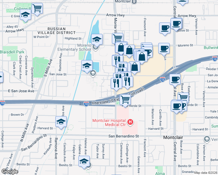 map of restaurants, bars, coffee shops, grocery stores, and more near 9356 Mesa Verde Drive in Montclair