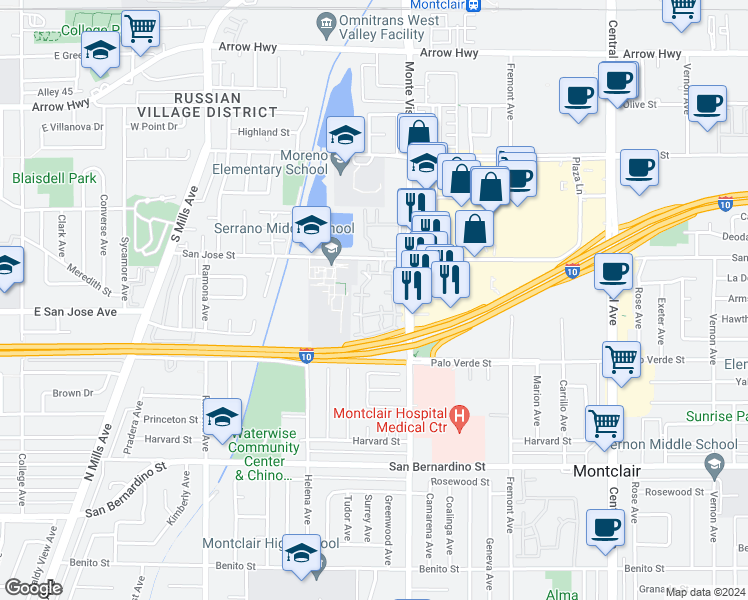 map of restaurants, bars, coffee shops, grocery stores, and more near 9412 Shadowood Drive in Montclair