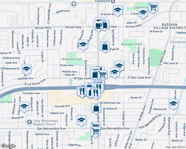 map of restaurants, bars, coffee shops, grocery stores, and more near 701 South Indian Hill Boulevard in Claremont