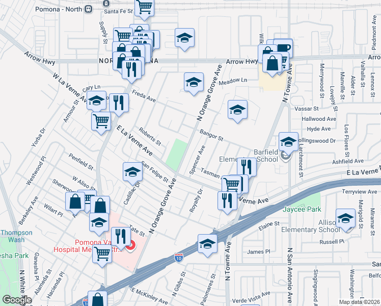 map of restaurants, bars, coffee shops, grocery stores, and more near 2130 North Orange Grove Avenue in Pomona