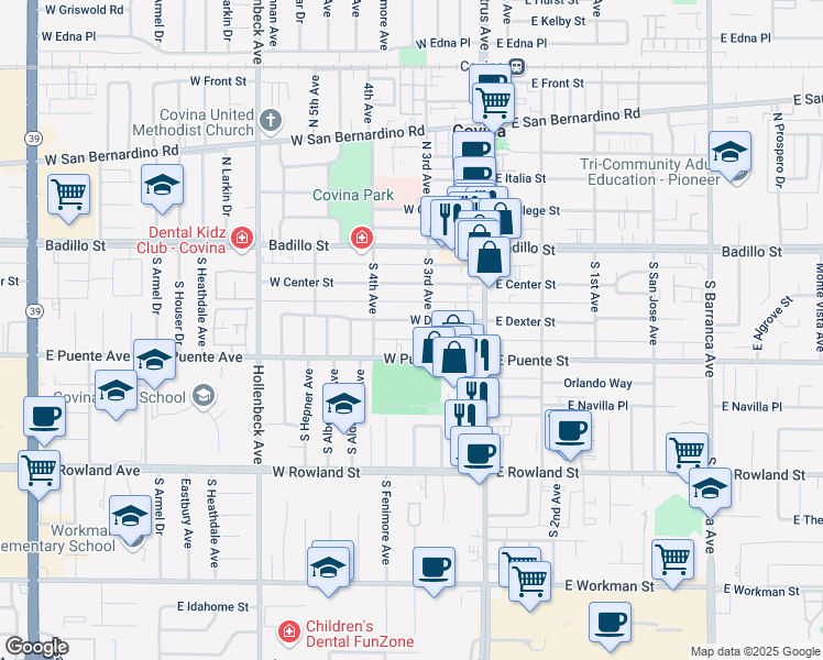 map of restaurants, bars, coffee shops, grocery stores, and more near 331 South 3rd Avenue in Covina
