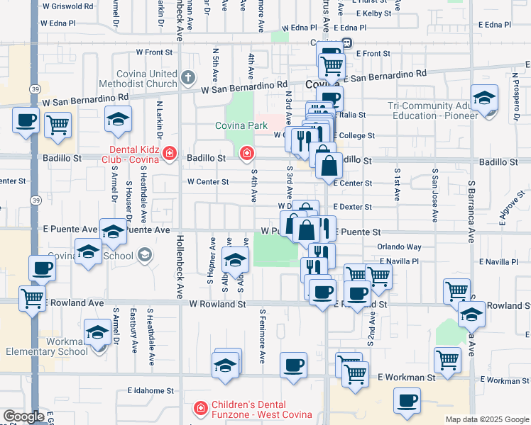 map of restaurants, bars, coffee shops, grocery stores, and more near 342 South 4th Avenue in Covina