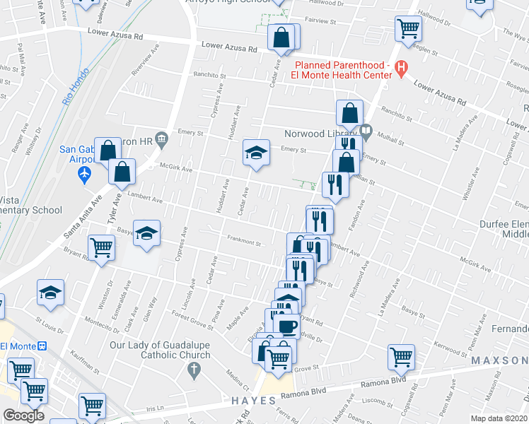 map of restaurants, bars, coffee shops, grocery stores, and more near 11427 Lambert Avenue in El Monte