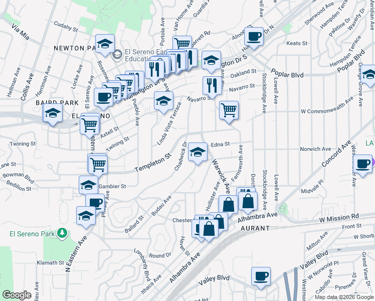 map of restaurants, bars, coffee shops, grocery stores, and more near 3212 Chadwick Drive in Los Angeles