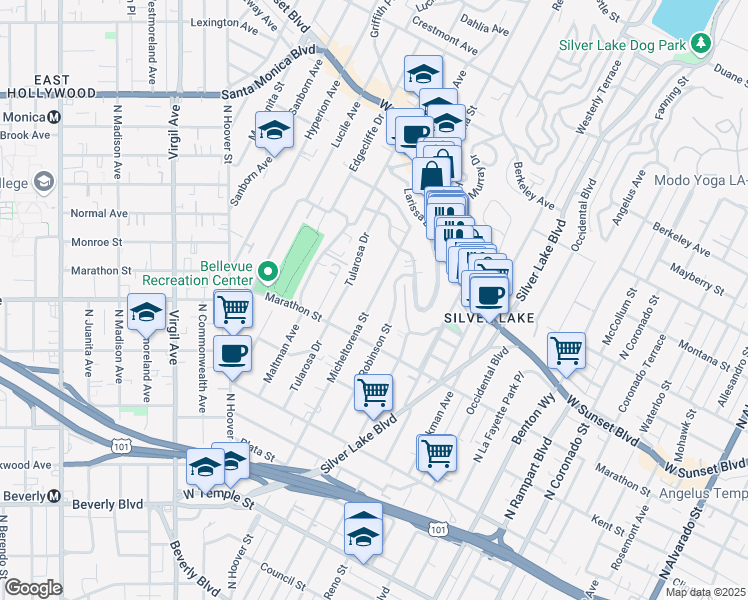 map of restaurants, bars, coffee shops, grocery stores, and more near 833 Robinson Street in Los Angeles