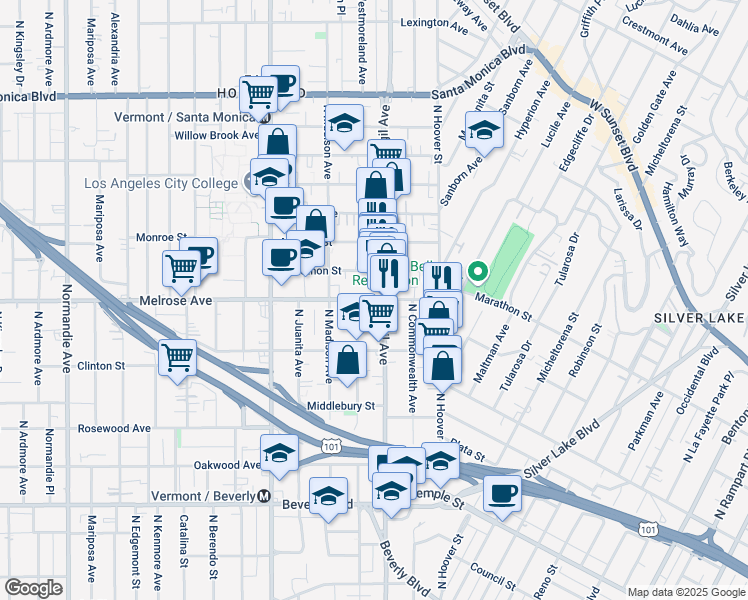 map of restaurants, bars, coffee shops, grocery stores, and more near 635 North Virgil Avenue in Los Angeles