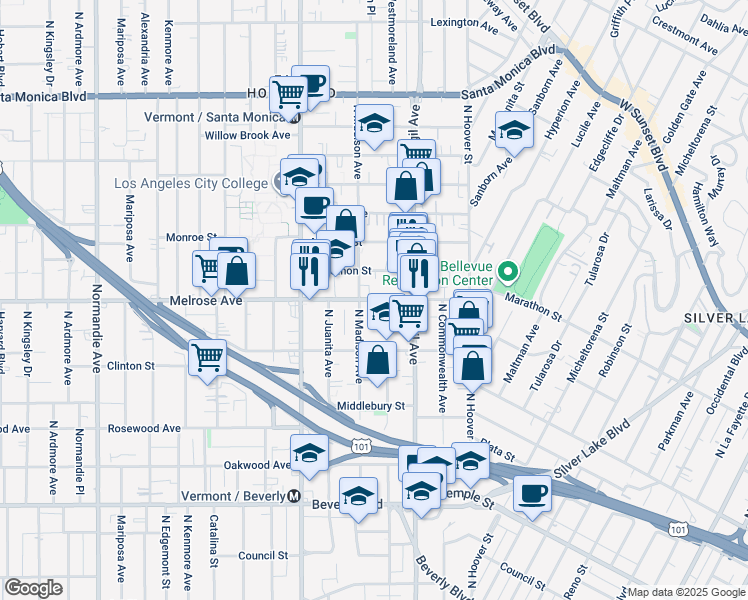 map of restaurants, bars, coffee shops, grocery stores, and more near in Los Angeles
