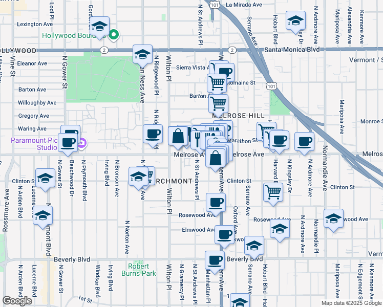 map of restaurants, bars, coffee shops, grocery stores, and more near 648 North Saint Andrews Place in Los Angeles