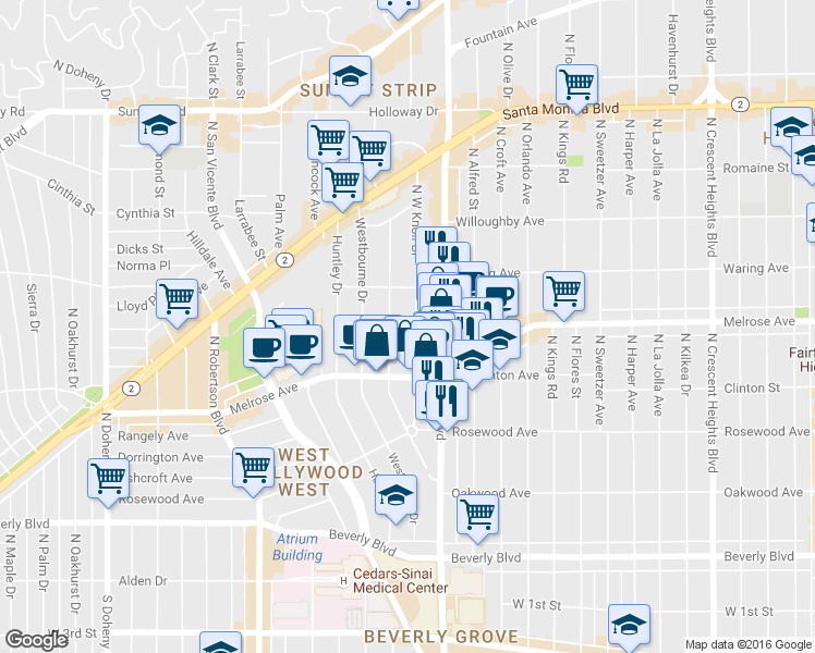 map of restaurants, bars, coffee shops, grocery stores, and more near 636 Westmount Drive in West Hollywood