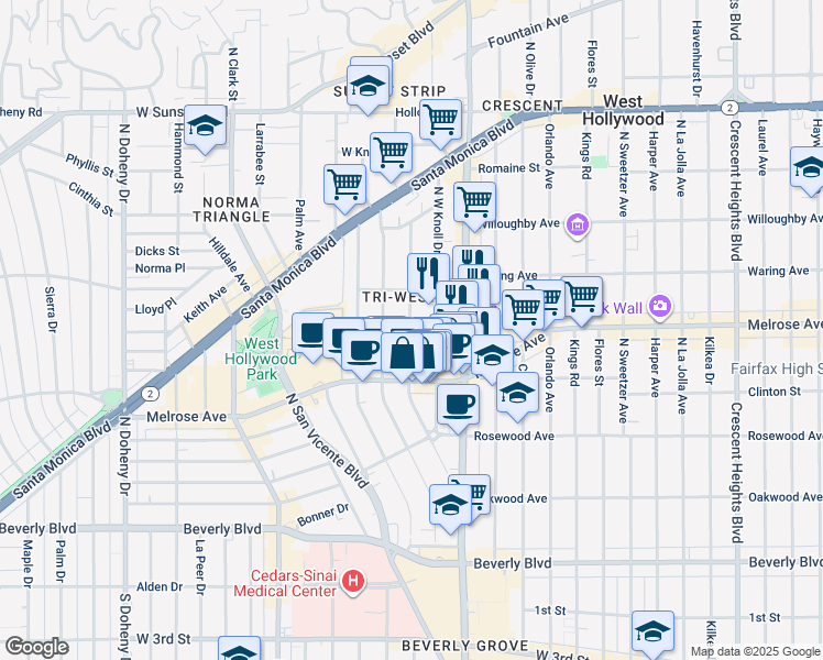 map of restaurants, bars, coffee shops, grocery stores, and more near 636 Westmount Drive in West Hollywood