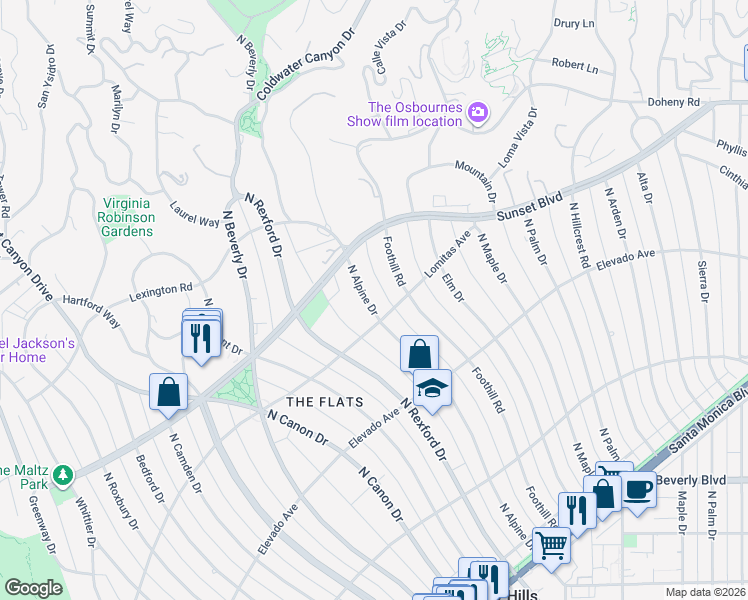 map of restaurants, bars, coffee shops, grocery stores, and more near 803 North Alpine Drive in Beverly Hills