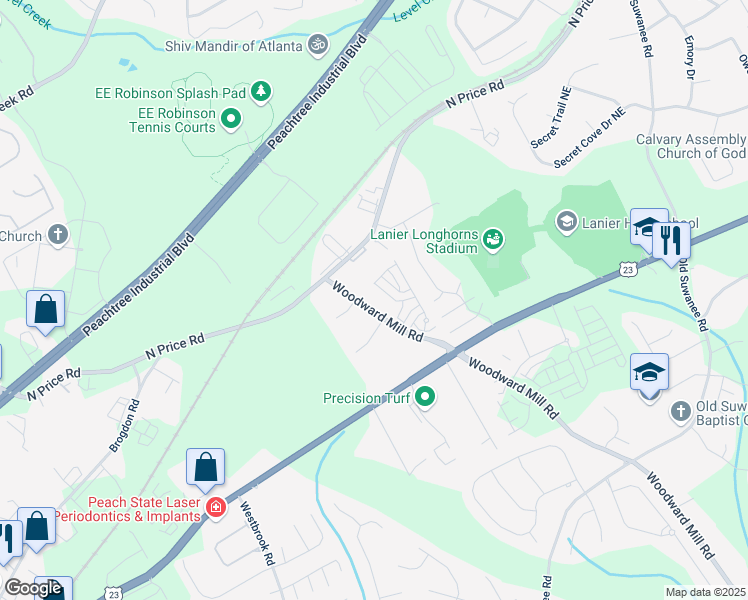 map of restaurants, bars, coffee shops, grocery stores, and more near 4409 Woodward Mill Road in Buford