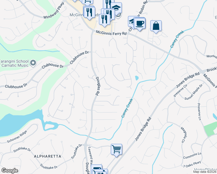 map of restaurants, bars, coffee shops, grocery stores, and more near 515 Huntington Downs in Alpharetta