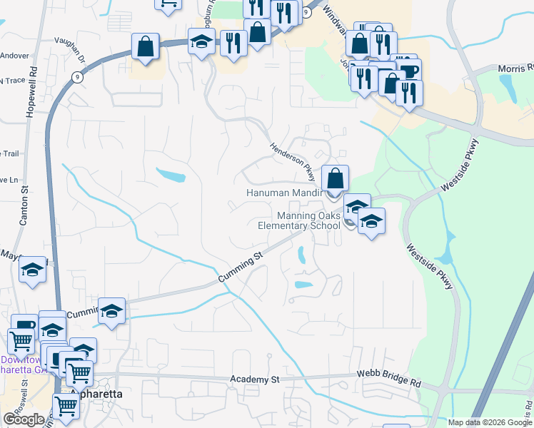 map of restaurants, bars, coffee shops, grocery stores, and more near 2040 Monroe Drive in Alpharetta