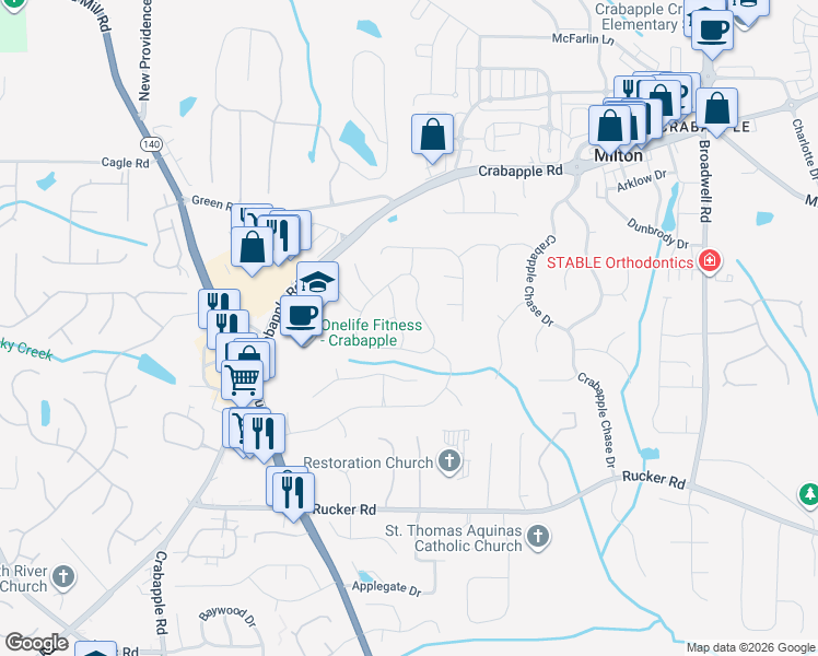 map of restaurants, bars, coffee shops, grocery stores, and more near 1070 Malbrough Drive in Alpharetta