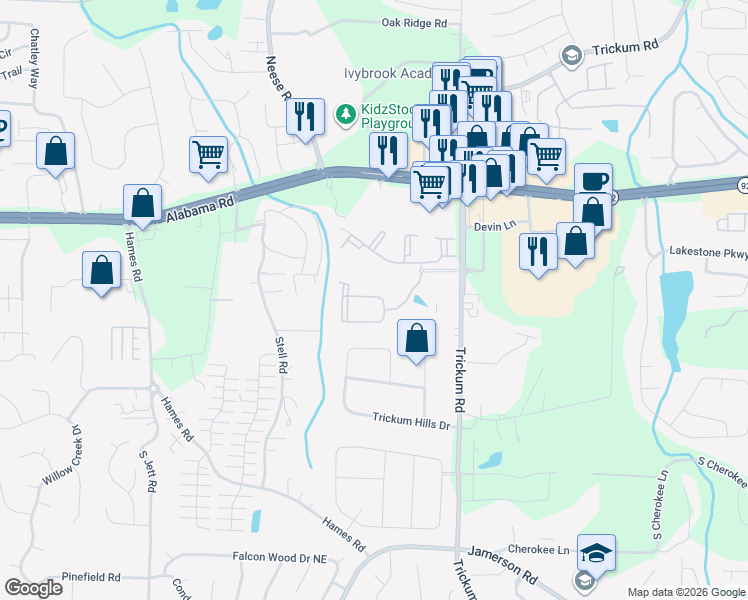 map of restaurants, bars, coffee shops, grocery stores, and more near 601 Willow Creek Lane in Woodstock