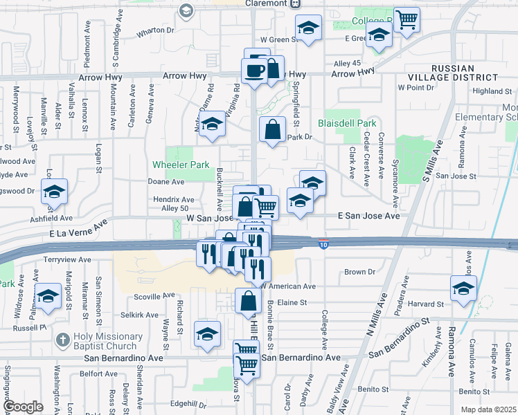 map of restaurants, bars, coffee shops, grocery stores, and more near 373 West San Jose Avenue in Claremont