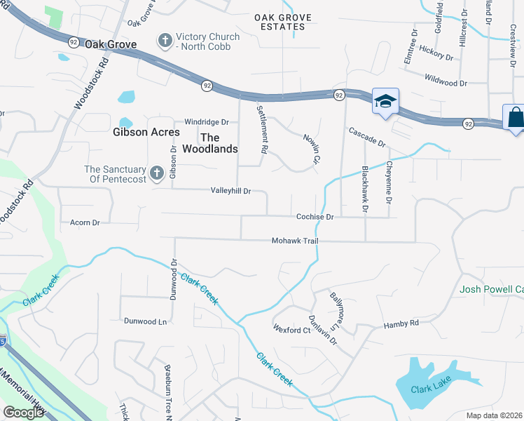 map of restaurants, bars, coffee shops, grocery stores, and more near 2507 Valleyhill Drive in Acworth