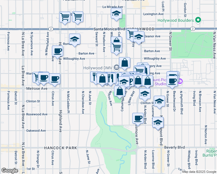 map of restaurants, bars, coffee shops, grocery stores, and more near 645 Wilcox Avenue in Los Angeles