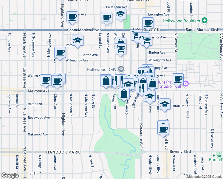 map of restaurants, bars, coffee shops, grocery stores, and more near 645 Wilcox Avenue in Los Angeles