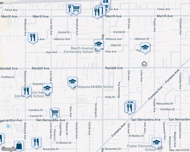 map of restaurants, bars, coffee shops, grocery stores, and more near 15240 Carob Lane in Fontana