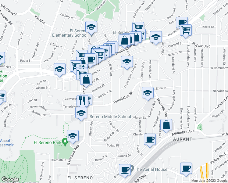 map of restaurants, bars, coffee shops, grocery stores, and more near 3246 Pueblo Avenue in Los Angeles