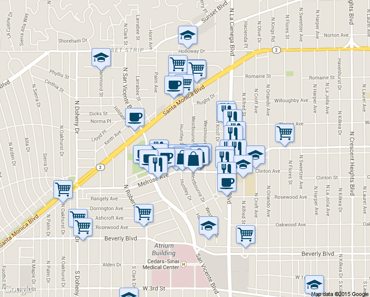 map of restaurants, bars, coffee shops, grocery stores, and more near 656 Huntley Drive in West Hollywood