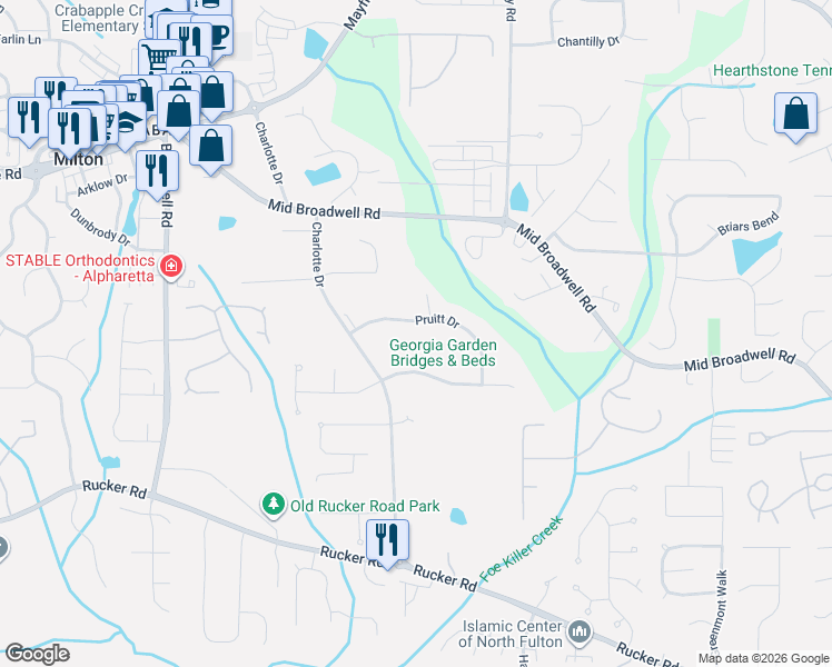 map of restaurants, bars, coffee shops, grocery stores, and more near 145 Pruitt Drive in Alpharetta