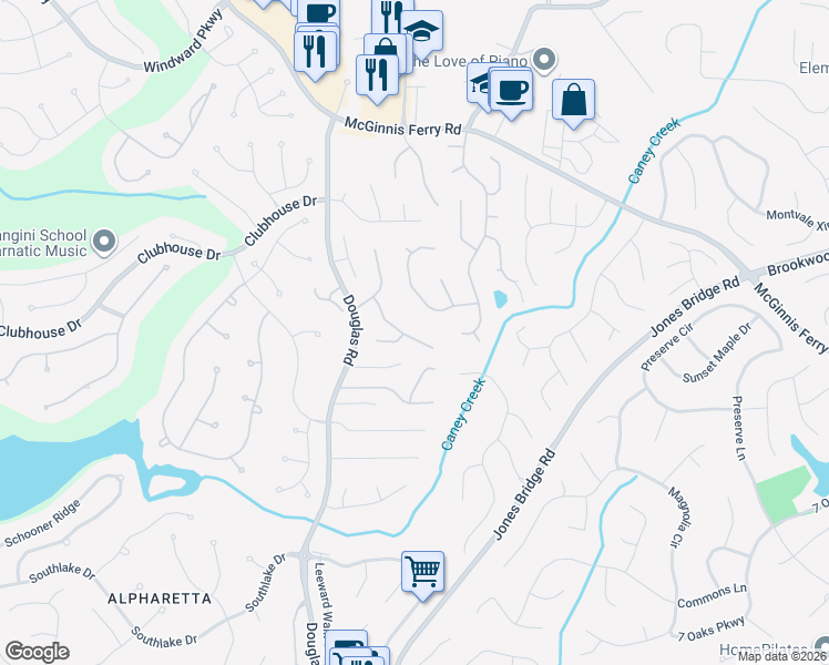 map of restaurants, bars, coffee shops, grocery stores, and more near 12484 Huntington Trace in Alpharetta