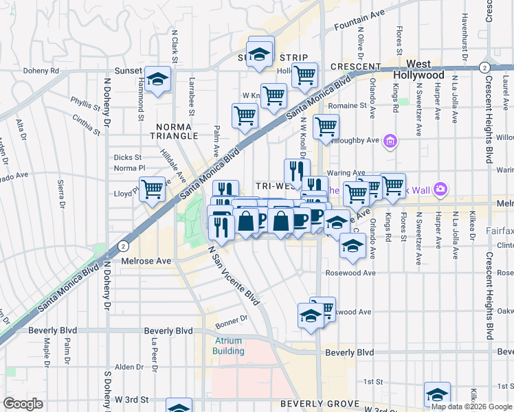 map of restaurants, bars, coffee shops, grocery stores, and more near 656 Huntley Drive in West Hollywood