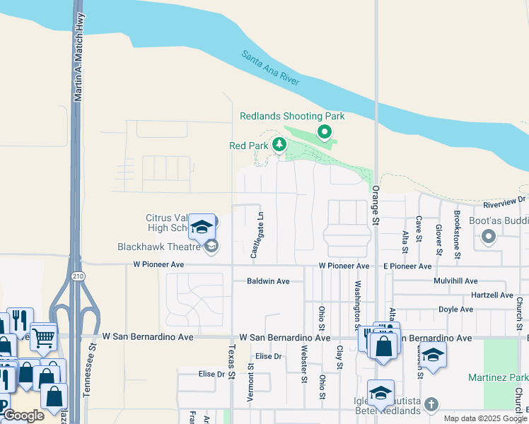 map of restaurants, bars, coffee shops, grocery stores, and more near 1960 Castlegate Lane in Redlands