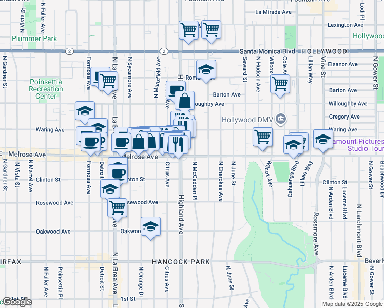 map of restaurants, bars, coffee shops, grocery stores, and more near 6501 Melrose Avenue in Los Angeles