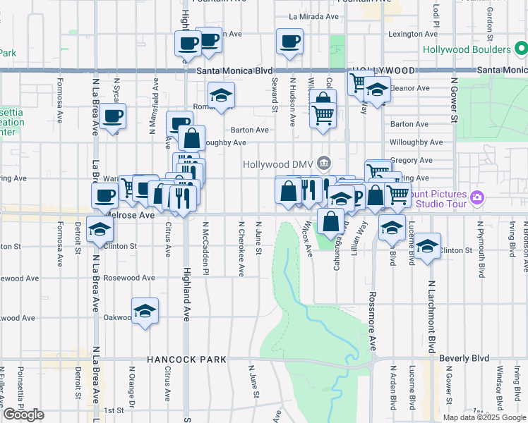 map of restaurants, bars, coffee shops, grocery stores, and more near 6121 Melrose Ave in Los Angeles